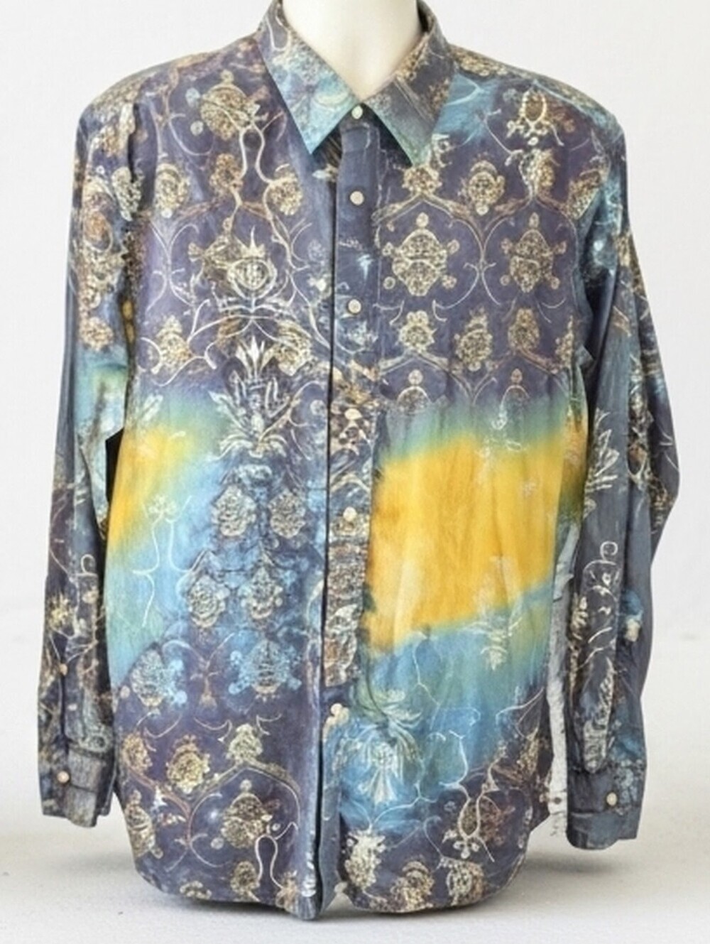 348. Tommy Bahama Indigo Palms Button Down Shirt - Blue/Yellow Medallion Print